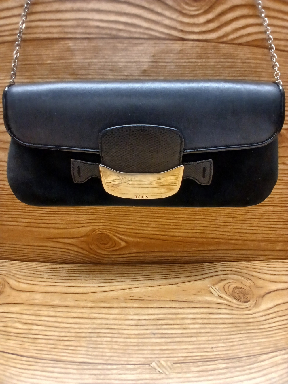Tod's Black Leather and Suede Chain Shoulder Bag with Silver-Tone Hardware